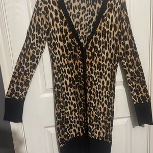 The Limited Leopard Print Cardigan with Black Trim, Duster Length Size M